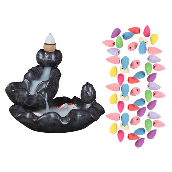 

fragrance lamps backflow incense burner ceramic fountain waterfall smoke holder aroma censer +50pcs cones home decor