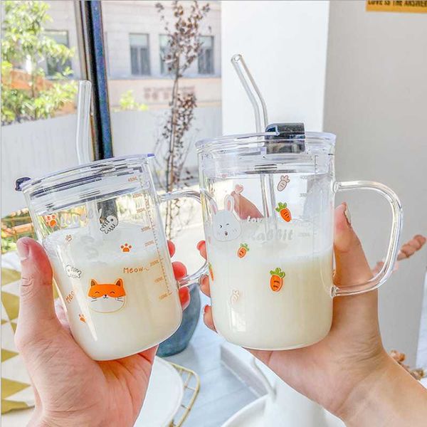 

cartoon animal glass water cup with scale with lid simple cute milk cups straw breakfast water bottle