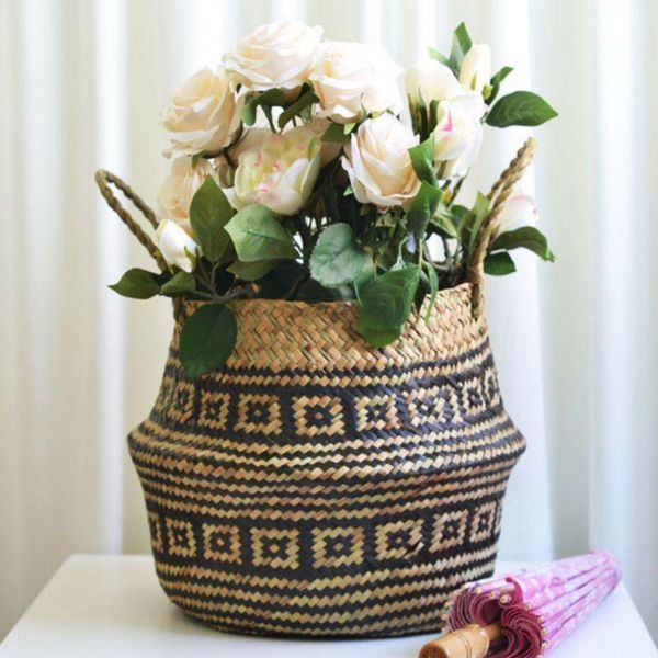 

folding laundry flower pot flower vase home garden hanging basket rattan straw basket wicker seagrasss laundry storage
