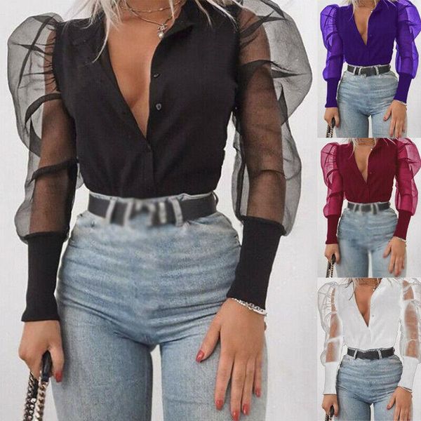 

women's blouses & shirts women long sleeve transparent shirt casual blouse mesh sheer autumn clothes v neck, White