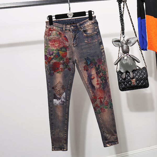 

streetwear fashion print bronzing set women casual short elasticity denim jacket long pants outfits female slim jeans 2pc vq0h, Blue