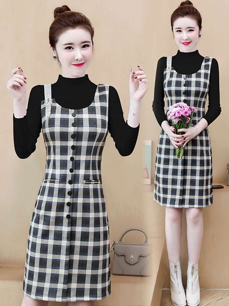 

long sleeve dress spring and autumn 2021 new temperament slim strap skirt women's knitwear vest two piece suit, Black;gray