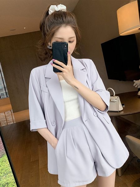 

2021 new summer korean was thin suit jacket shorts two-piece female 3 piece set yuzv, Gray