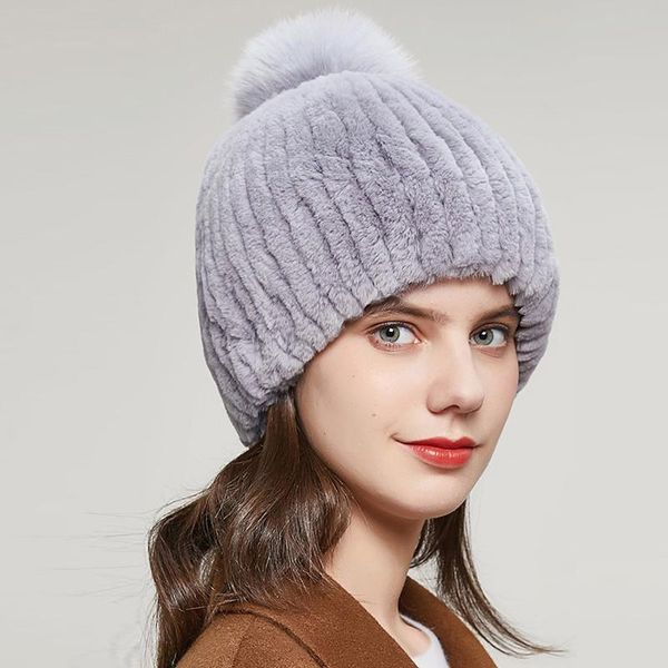

berets 15 colors women fur hats real rex knitting plush ball beanies caps winter warm elegant princess snow, Blue;gray