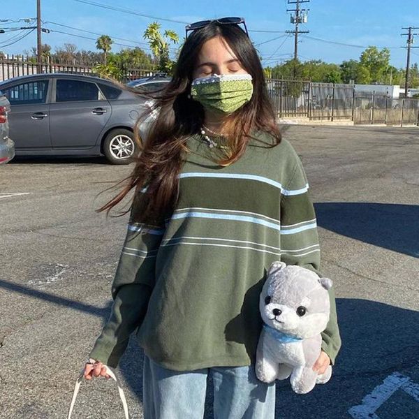 

women's sweaters streetwear vintage striped color contrast sweater y2k grunge knitted crew neck long sleeve casual baggy pullovers 202, White;black