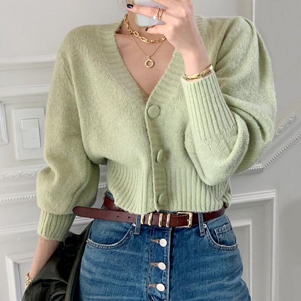 

women's knits & tees autumn 2021 style korean fashion elegant gentle v-neck solid color loose three button long-sleeved knitted cardiga, White