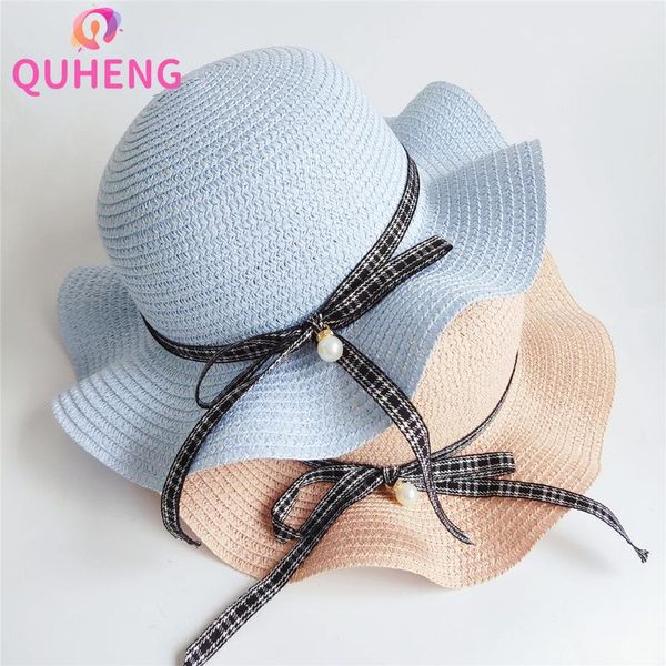

wide brim hats quheng straw hat for children summer vacation panama bow beach shade foldable all-match fashionz199, Blue;gray