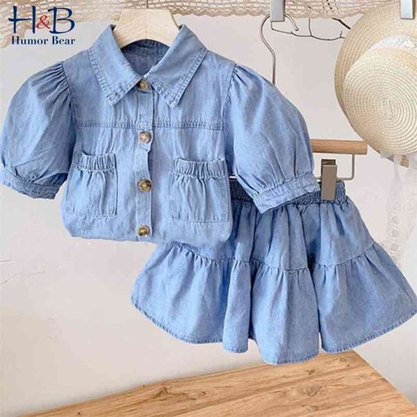 Одежда для девочек набор мода летняя пухлый рукав топ + джинсовая юбка 2 шт. Сладкий малыш детей 210611