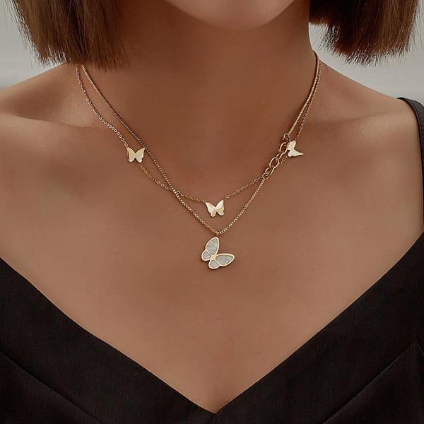

chains the french stainless steel double-layered shell butterfly pendant collarbone chain fashion niche women's necklace, Silver