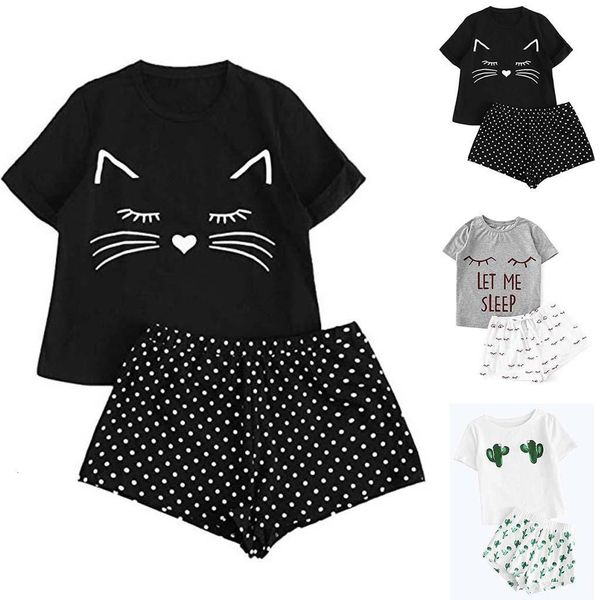 

pajama sets women casual clothing suit female short sleeve t shirt shorts nightwear girls femme pyjama home summer nightsui, Black;red