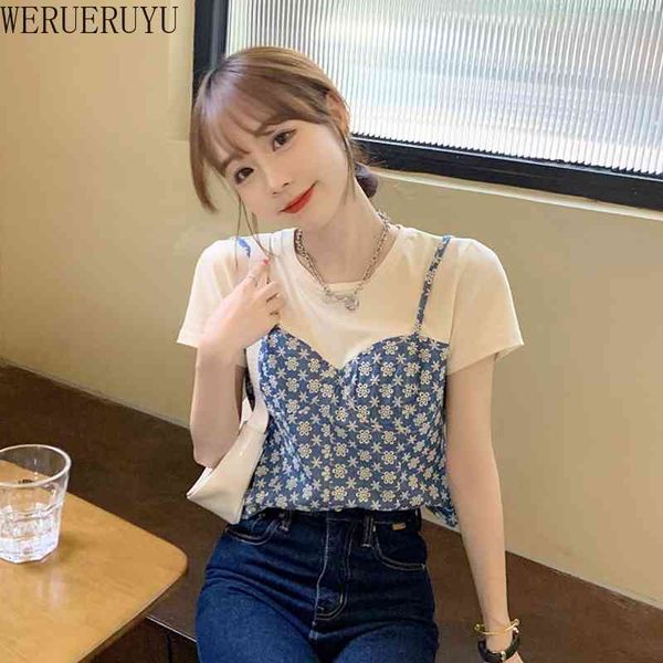 

werueruyu fake two color matching t-shirt women summer o-neck slim fit exposed patchwork t shirts female 210608, White