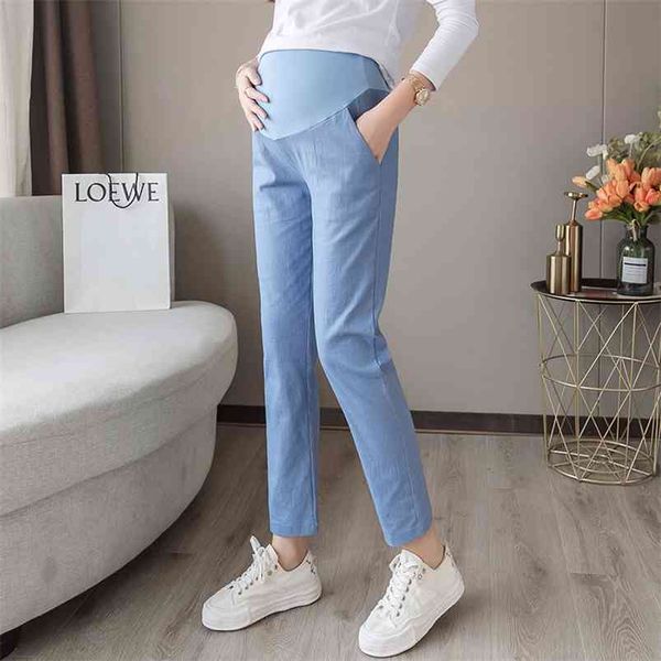 

1809# spring thin cotton linen maternity pants casual belly clothes for pregnant women 9/10 length pregnancy trousers 210721, White