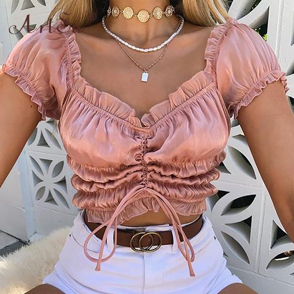 

beach holiday off shoulder blouse women summer 2021 lace up casual slim puff sleeve bow tied crop shirt, White