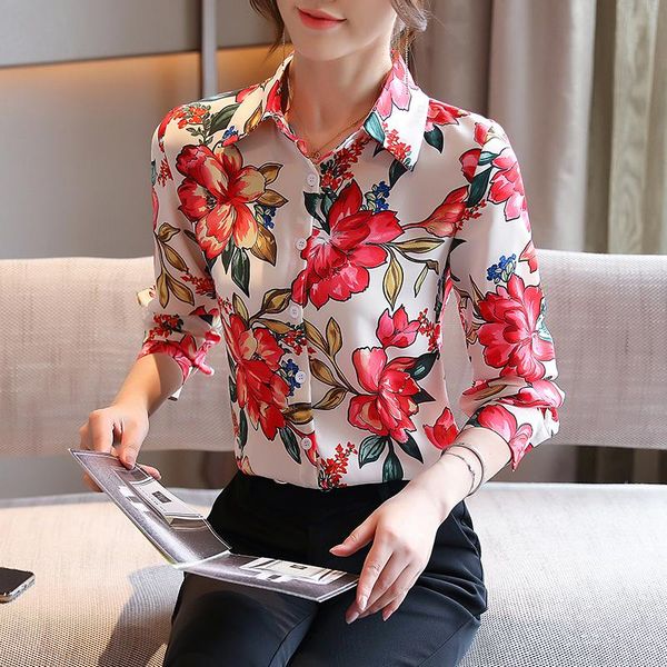 

fashion women blouses floral shirts 2021 spring long sleeve turn down collar chiffon blouse casual blusas mujer, White