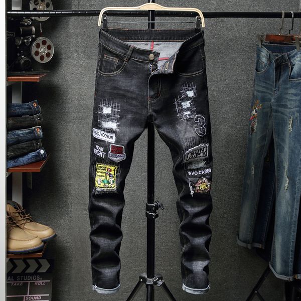 

2021 new pantalon men's retro black fashion embroidery hole ny jeans slim motorcycle riding denim trousers plus size 28-38 baor, Blue