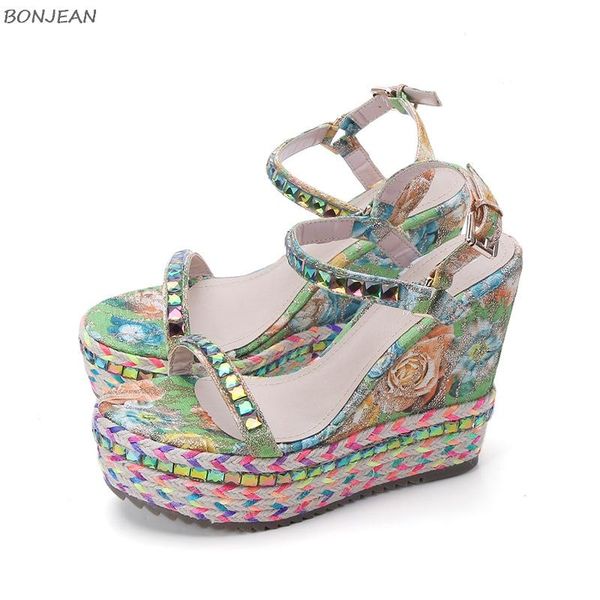 

sandals 2021 summer women national style print wedges ladies party platform chunky heel peep toe women's shoes, Black