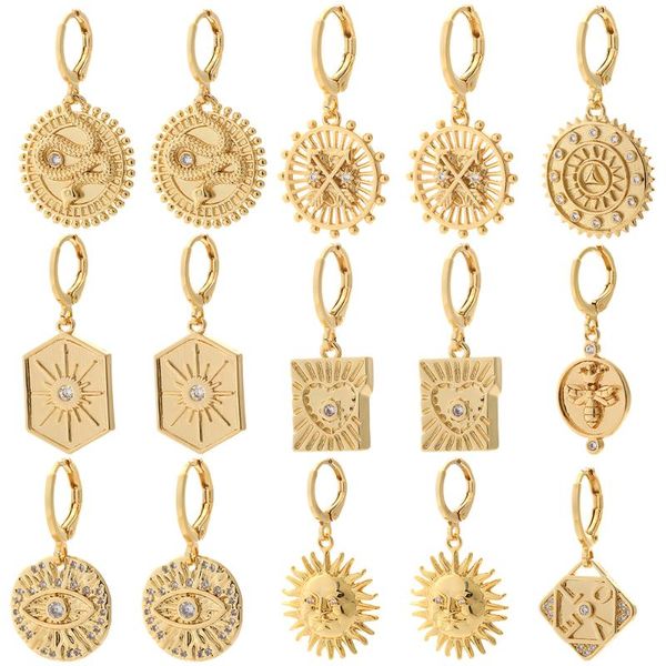 

hoop & huggie earrings female cubic zircon eye sun heart pendant dangle for women gold copper ear rings party korean fashion, Golden;silver