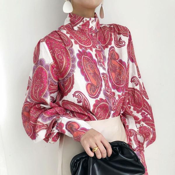 

vintage print blouse wome linen long sleeve single breasted stand collar autumn shirt, White