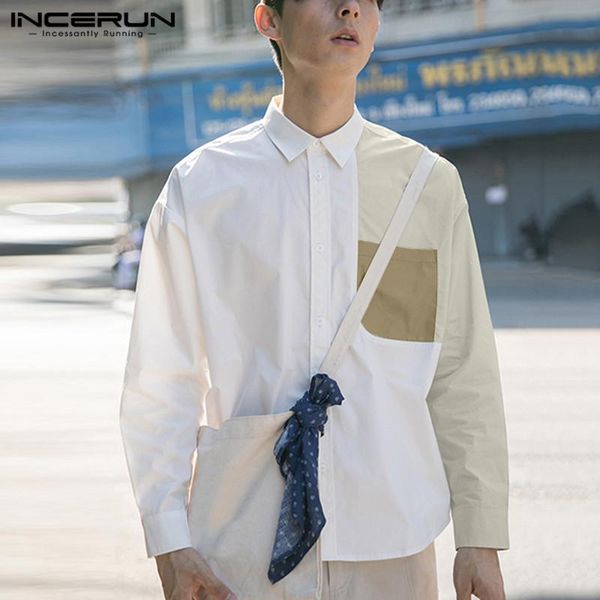 

men's casual shirts men patchwork shirt 2021 turn down collar streetwear long sleeve pockets blouse fashion korean style incerun, White;black