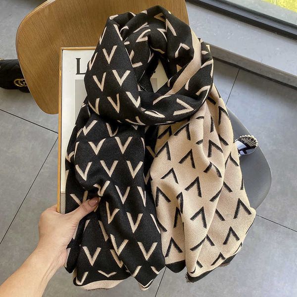 

south korea dongdamen scarf autumn and winter imitation cashmere shawl v letter long thickened double-sided bib, Blue;gray