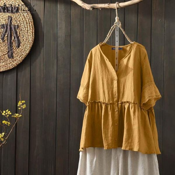 

women's blouses & shirts 2021 summer short sleeve blouse zanzea vintage ruffles women solid lace crochet cotton blusas chemise tunic, White