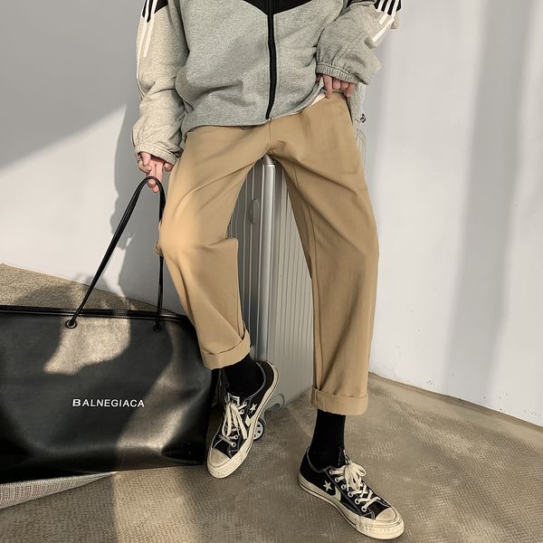 

2021 new men's solid color leisure casual male loose tide cotton waist elastic straight pants black/khaki/grey/green trousers liqp