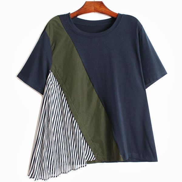 

women's t-shirt superaen round neck short sleeve female striped chiffon personality stitching casual patchwork for women, White