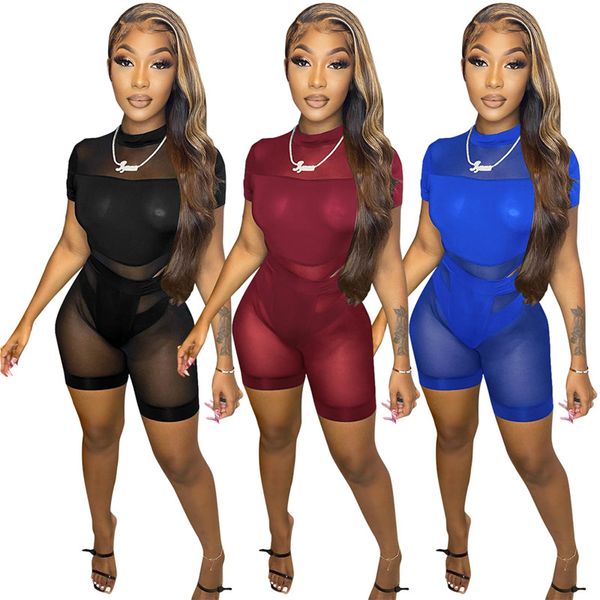 

summer women outfits mesh hollow out two piece set short sleeve sheer onesies+shorts matching set casual see through suits night club wear 6, Gray
