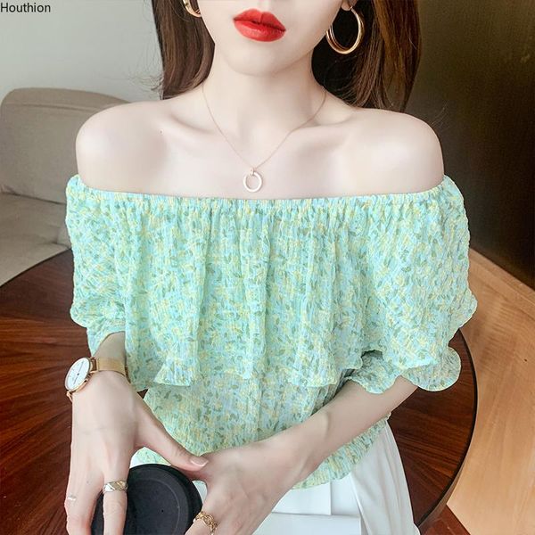 

women's blouses & shirts chiffon slim casual fashion blouse floral one word collar ruffle short sleeve summer shirt houthion, White