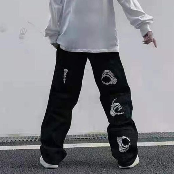 

men's jeans harajuku back hand print black mens pants streetwear oversize straight baggy casual denim trousers couple jean, Blue