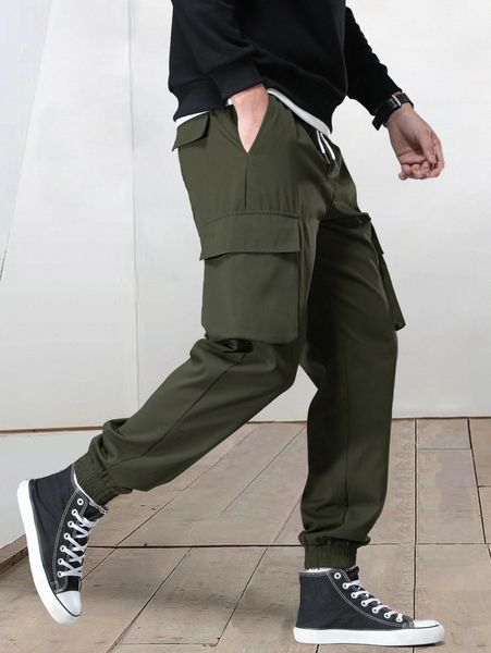 

men flap pocket side drawstring waist pants u0lr#, Black
