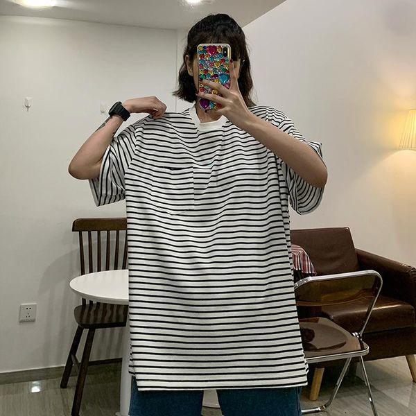 

women's t-shirt oversize summer pocket women 2021 korean striped o-neck plus size 2xl casual female short sleeve cotton shirt, White
