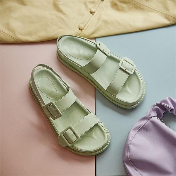 

meotina shoes women buckle genuine leather flat sandals round toe flat platform shoes ladies summer causal sandals white size 9 210310, Black