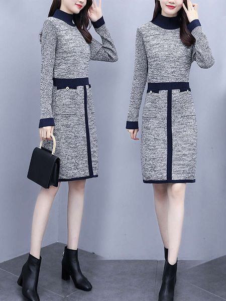 

knit dress spring autumn women's 2021 new long sleeve slim medium length sweater skirt over knee winter, Black;gray