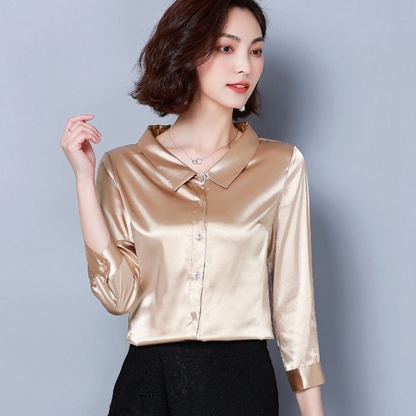 

2021 new arrived women office work shirts female elegant silk satin long sleeve button lapel party blouse 210308, White