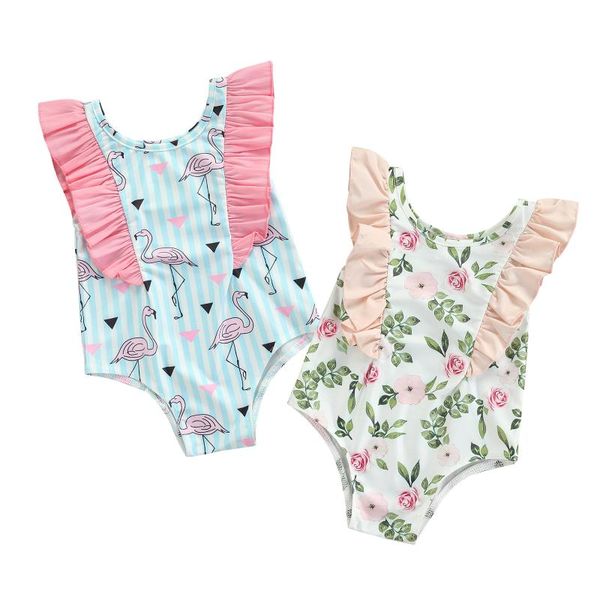 

clothing sets kids ruffles swimsuits, girls flamingo/ flower print o-neck sleeveless swimwear for summer, 6 months-4 years, White