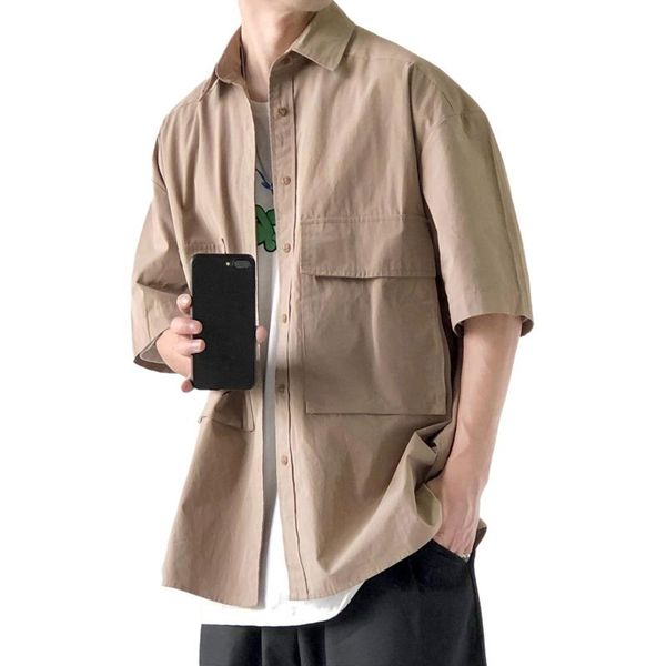

men's dress shirts short sleeve casual shirt for men 2021 summer japanese multi pocket tooling fashion brand korean coat, White;black