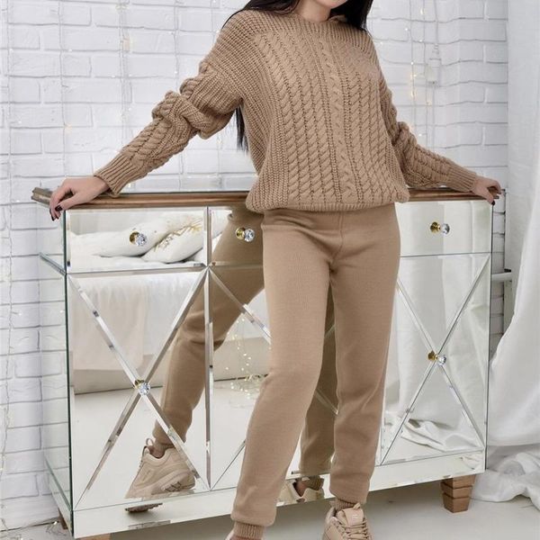 

women's two piece pants women knitted 2-pieces sweater suit autumn winter flower hooder pullovers & elastic waist tracksuits y702, White