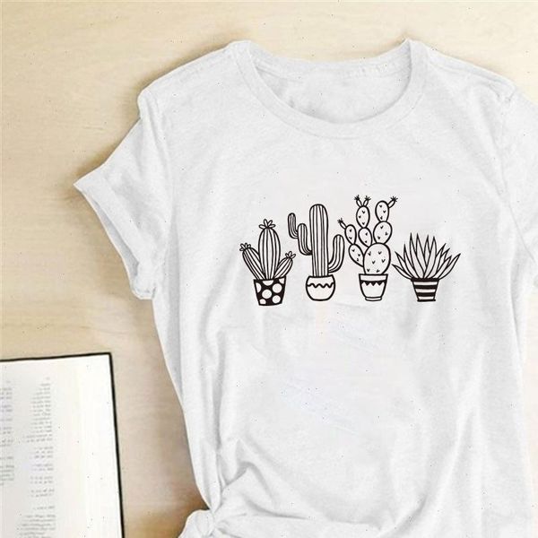 

cactus potting print t shirts women new t shirt women fashion aesthetic clothes kawaii shirt femme tee korean cute teens, White