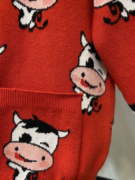 

2021 early spring new year's day full of cow red v-neck knitted sweater cardigan coatgt9g, White;black