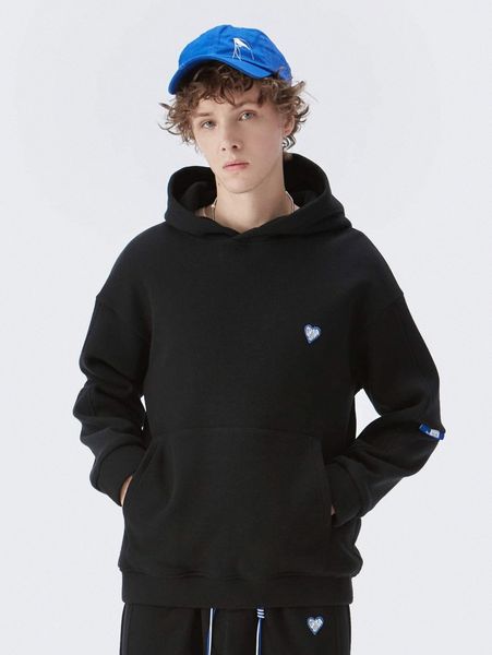 

men pouch pocket heart patch hoodie d0q6#, Black