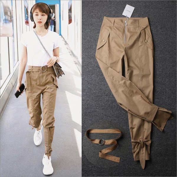 

women's pants & capris jiayan khaki cargo slim thin trousers fashion streetwear pure cotton casual pencil, Black;white