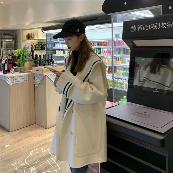 

academic style autumn navy lapel woolen coat female mid-long new korean style women's outerwear 2021 new spring faux wool coats, Black