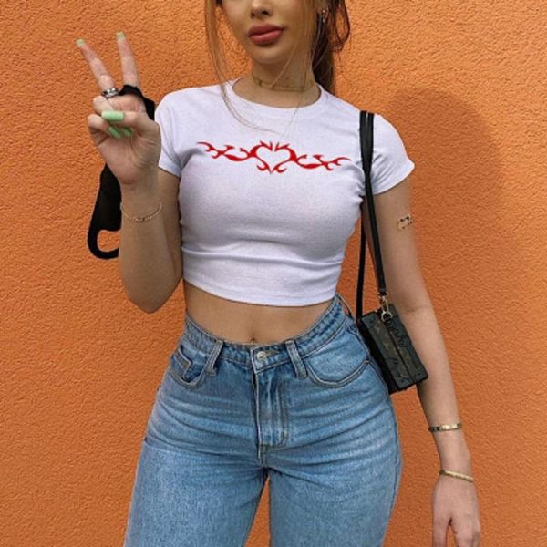 

women's t-shirt o-neck y2k solid color navel hedging cartoon print short-sleeved clothes high street harajuku summer tshirt bar, White