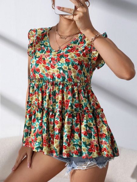 

allover floral print ruffle armhole peplum r56a#, White