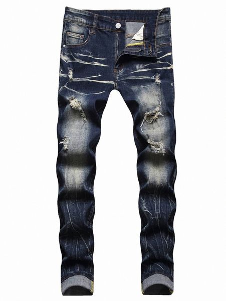 

men ripped cat whisker bleach wash jeans g78t#, Blue