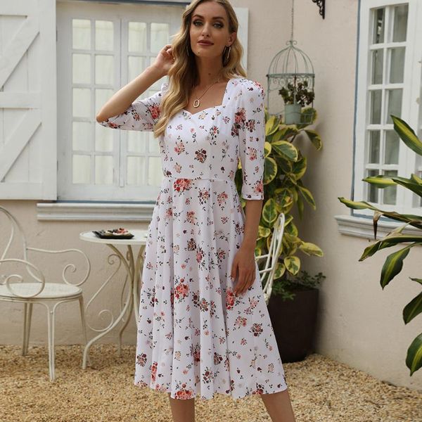 

casual dresses knee-length floral print midi dress in white for ladies fit and flare, Black;gray