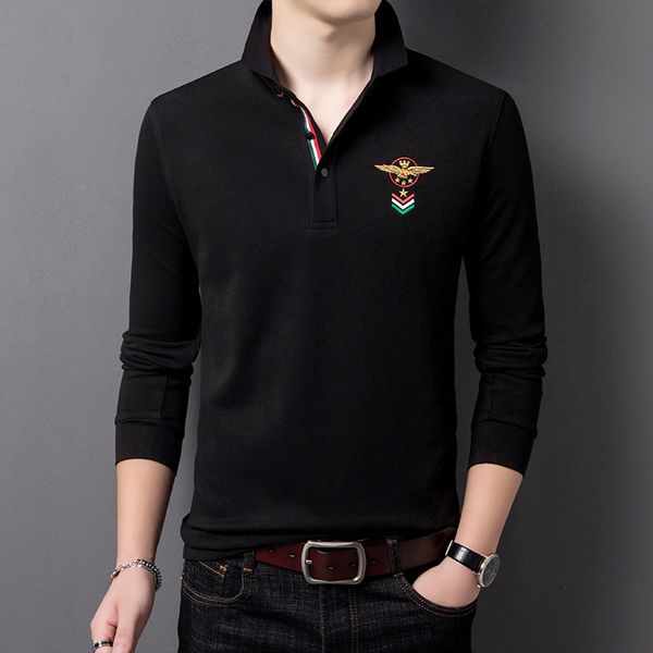 

men's long sleeve t-shirt spring and autumn thin embroidery lapel backing polo shirt solid color collar middle-aged dad men's wear, Black