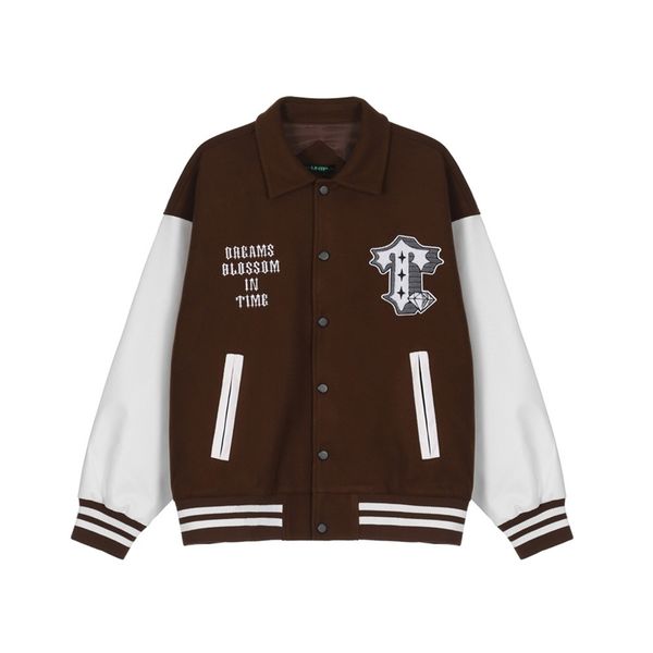 

lettered embroidery contrast stitching bomber men's ins street trend loose lapel jacket, Black