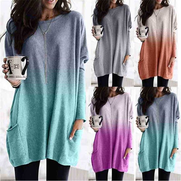 

2021 women's sweater gradient long sleeve pocket t-shirt, Black